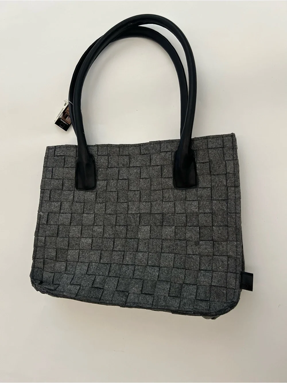 NWT Woven Grey Felt Tote Bag with Black leather Handles